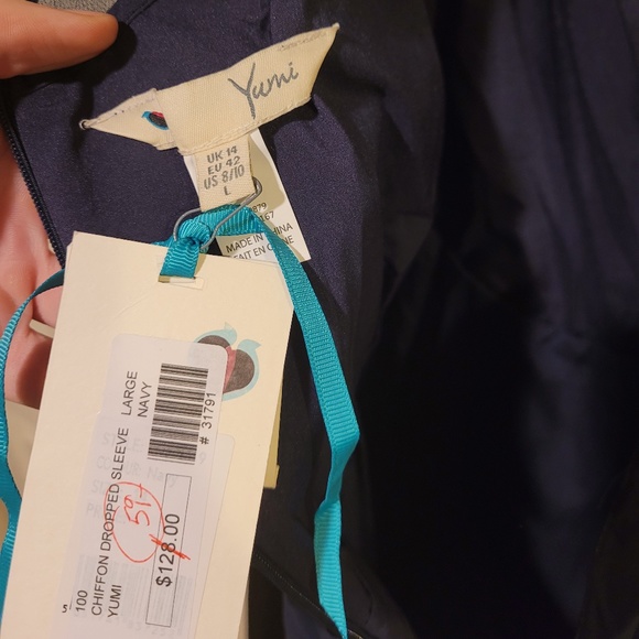 Yumi Chiffon Dropped Sleeve Navy Blue Cocktail Dress Size 8/10 - Picture 8 of 12